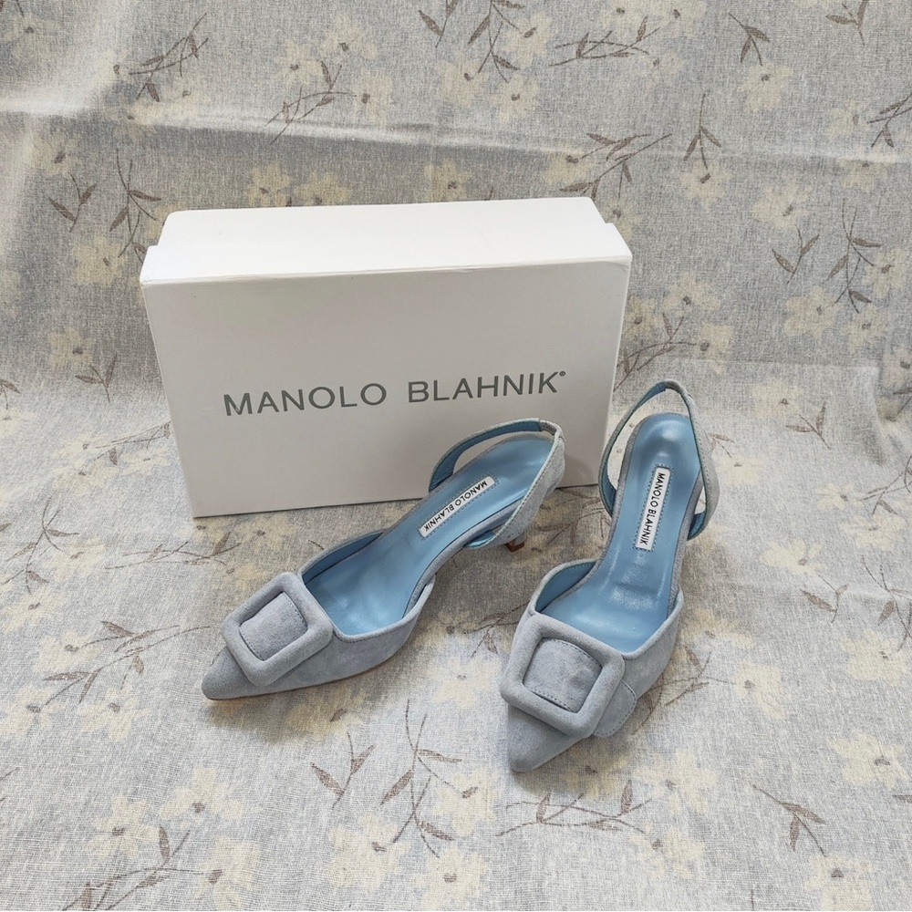 Manolo Blahnik Light Blue Suede Buckle Slingback Heels